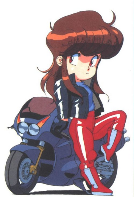 Bubblegum Crisis character Priss Asagiri in chibi style, sitting on her motorcycle. Illustrated by Sonoda Kenichi.